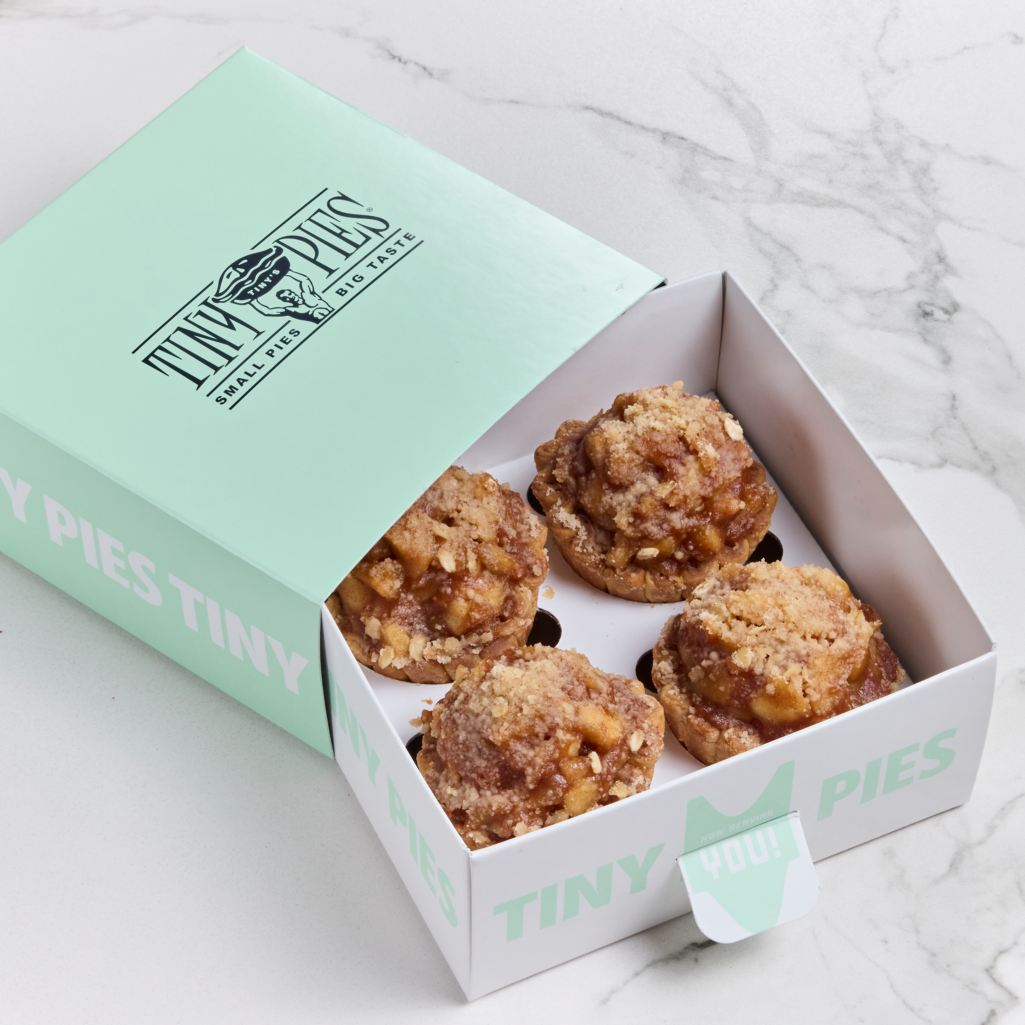 Apple crumb mini pies in mint green gift box