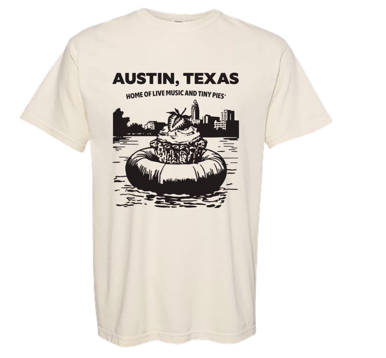 Tiny Pies® t-shirt with pie float design on Austin skyline